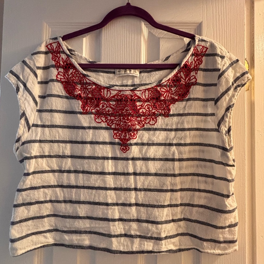 Abercrombie & Fitch White and Blue Striped Crop Top with Red Embroidery